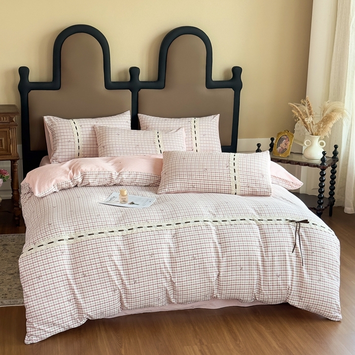 91家纺网 家纺一手货源 找家纺 可思家纺2025新款云感木棉皱皱纱四件套 格调粉