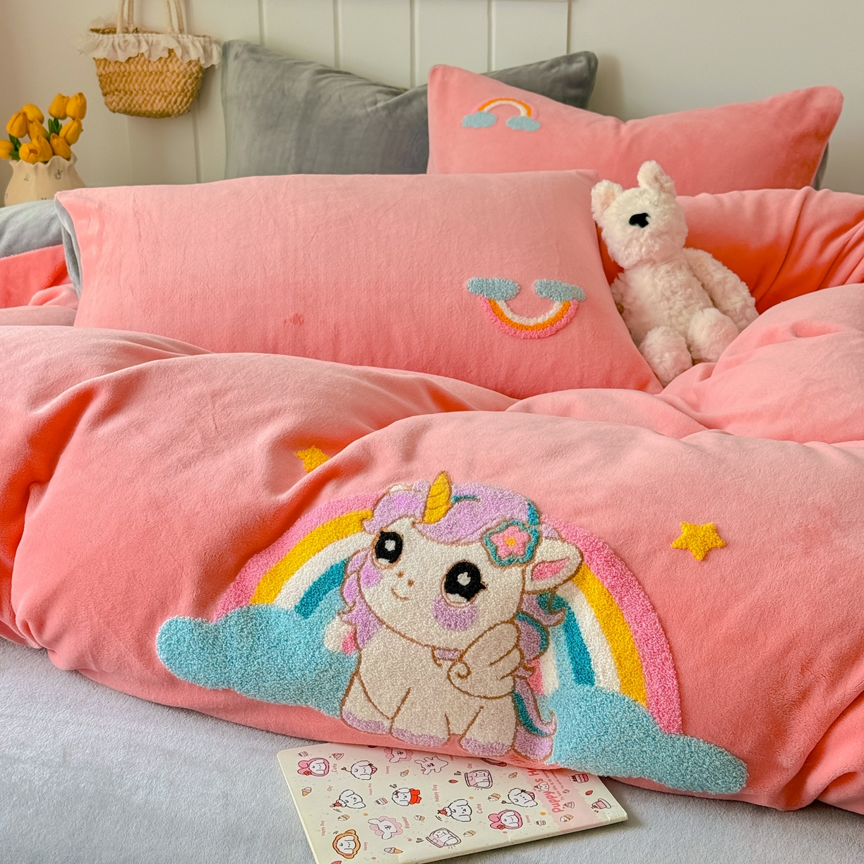 莱凯家纺 2025新款毛巾绣牛奶绒四件套 彩虹小马
