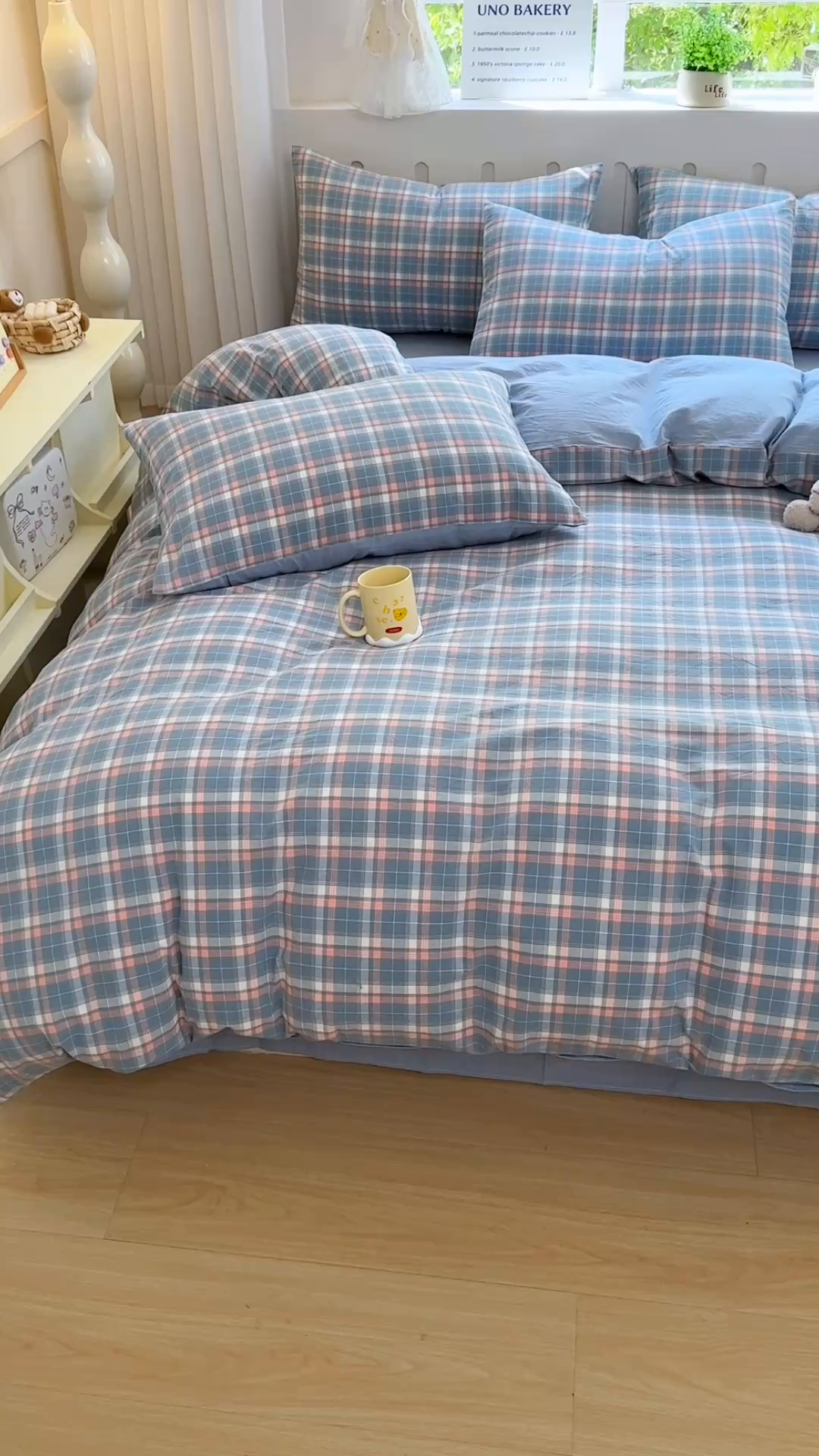 91家纺网 家纺一手货源 找家纺 晚依家纺 2025新款A类全棉色织水洗棉四件套纯棉格子纯色被套学生宿舍三件套定制定做 映像格-蓝