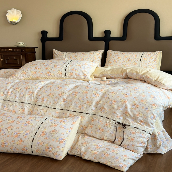 91家纺网 家纺一手货源 找家纺 可思家纺2025新款云感木棉皱皱纱四件套 花开半夏