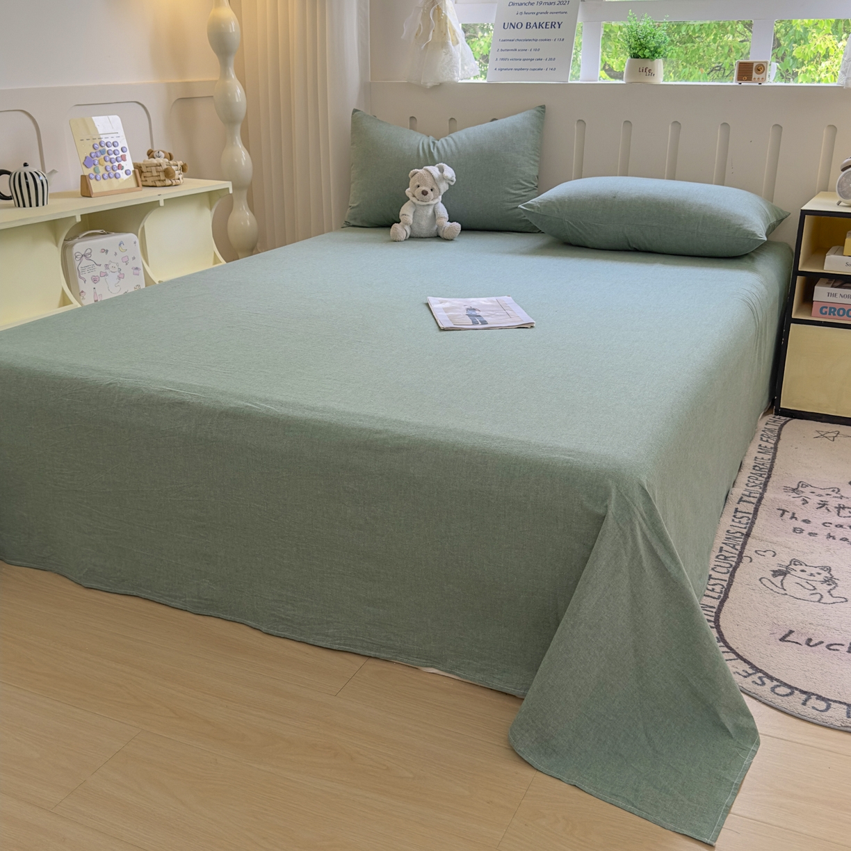 91家纺网 家纺一手货源 找家纺 晚依家纺 2025新款A类全棉色织水洗棉四件套纯棉格子纯色被套学生宿舍三件套定制定做 映像格-绿