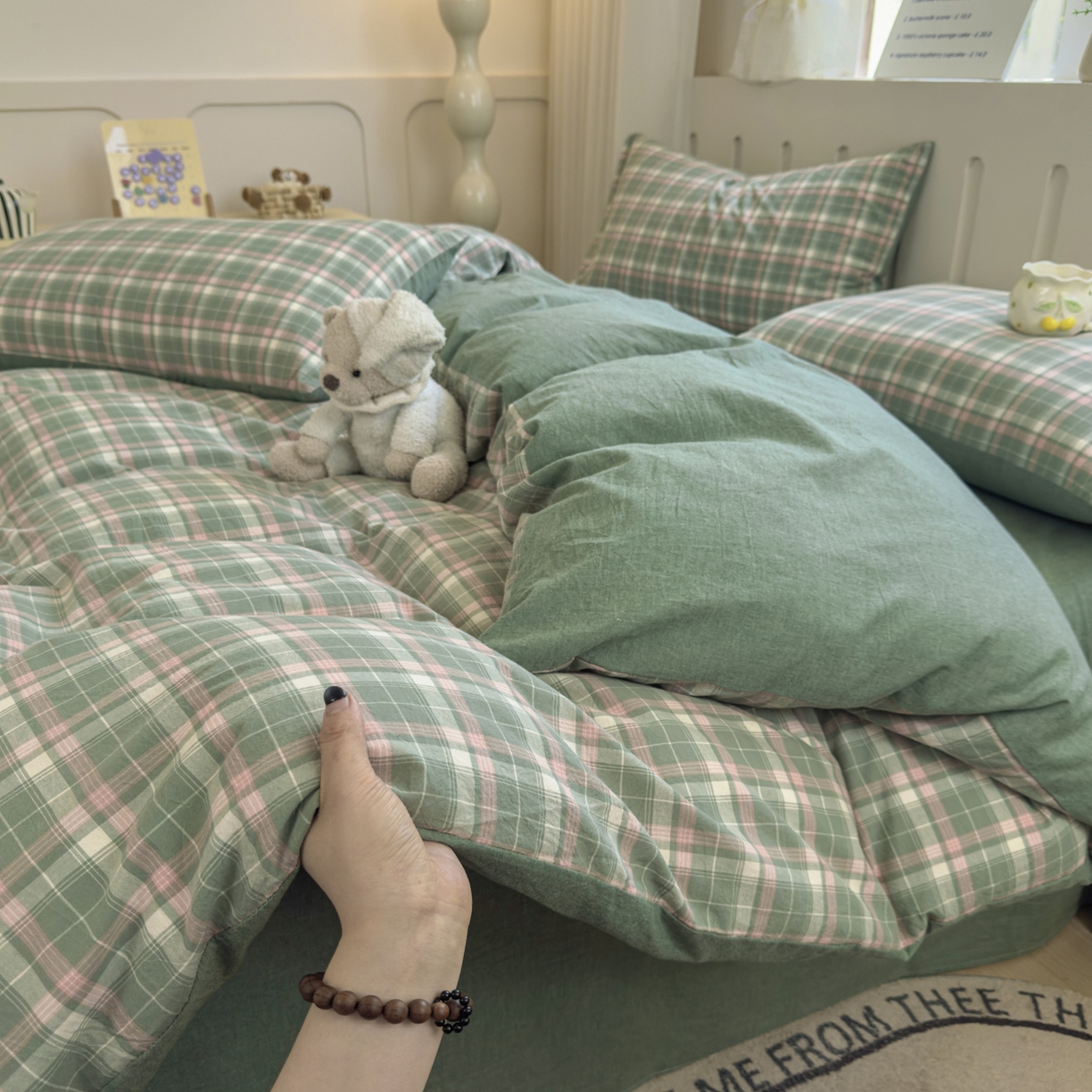 91家纺网 家纺一手货源 找家纺 晚依家纺 2025新款A类全棉色织水洗棉四件套纯棉格子纯色被套学生宿舍三件套定制定做 映像格-绿