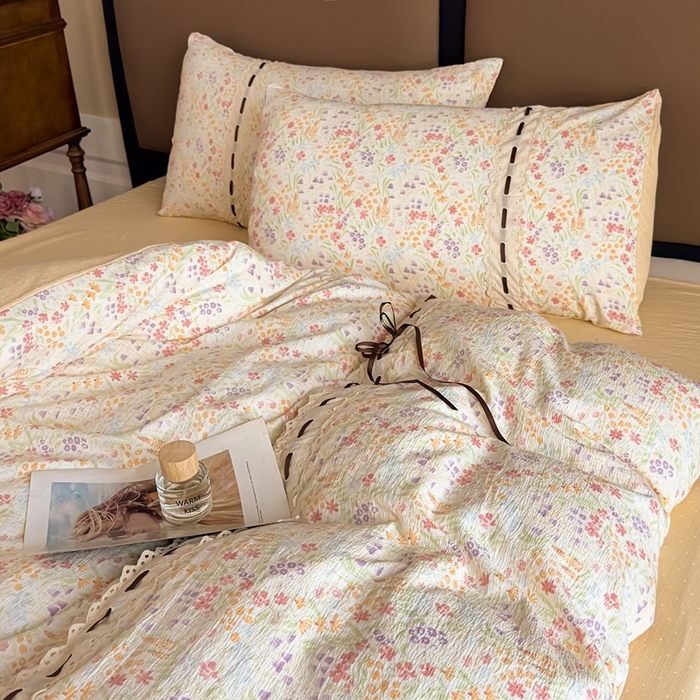 91家纺网 家纺一手货源 找家纺 可思家纺2025新款云感木棉皱皱纱四件套 花田梦语