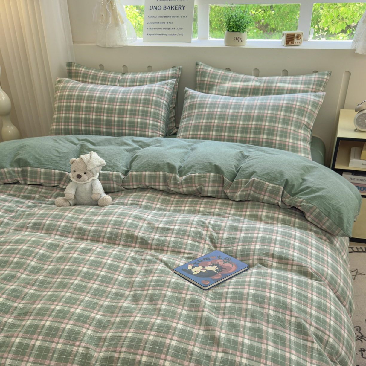 91家纺网 家纺一手货源 找家纺 晚依家纺 2025新款A类全棉色织水洗棉四件套纯棉格子纯色被套学生宿舍三件套定制定做 映像格-绿