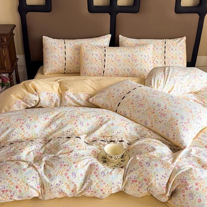 91家纺网 家纺一手货源 找家纺 可思家纺2025新款云感木棉皱皱纱四件套 花田梦语