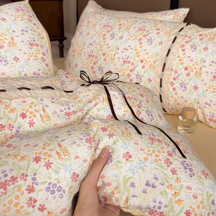 91家纺网 家纺一手货源 找家纺 可思家纺2025新款云感木棉皱皱纱四件套 花田梦语