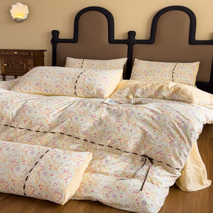 91家纺网 家纺一手货源 找家纺 可思家纺2025新款云感木棉皱皱纱四件套 花田梦语