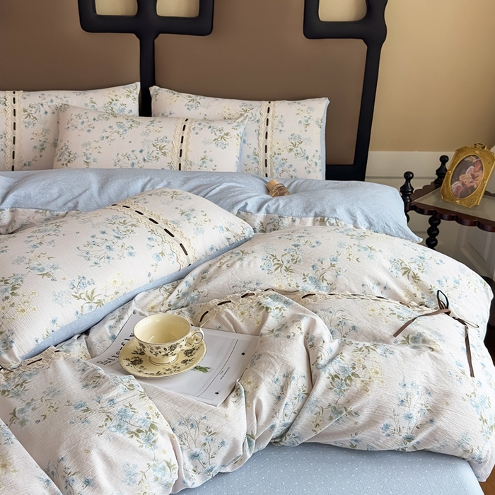 91家纺网 家纺一手货源 找家纺 可思家纺2025新款云感木棉皱皱纱四件套 兰亭雅叙