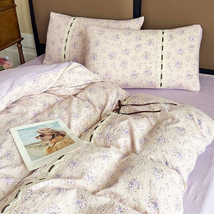 91家纺网 家纺一手货源 找家纺 可思家纺2025新款云感木棉皱皱纱四件套 浪漫花季