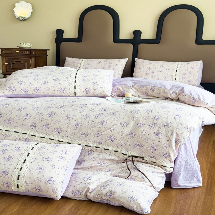 91家纺网 家纺一手货源 找家纺 可思家纺2025新款云感木棉皱皱纱四件套 浪漫花季