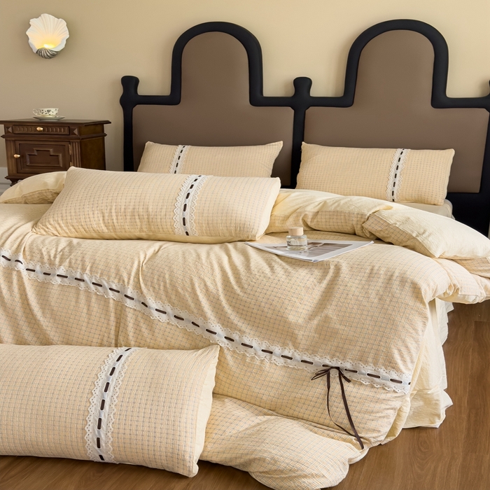 91家纺网 家纺一手货源 找家纺 可思家纺2025新款云感木棉皱皱纱四件套 奶油格子