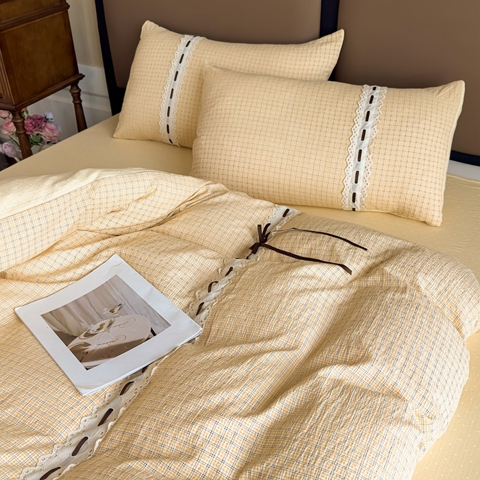 91家纺网 家纺一手货源 找家纺 可思家纺2025新款云感木棉皱皱纱四件套 奶油格子