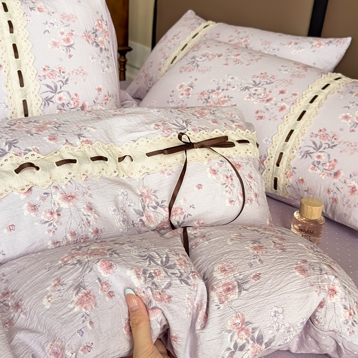 91家纺网 家纺一手货源 找家纺 可思家纺2025新款云感木棉皱皱纱四件套 水中仙紫