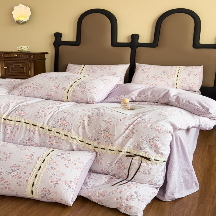 91家纺网 家纺一手货源 找家纺 可思家纺2025新款云感木棉皱皱纱四件套 水中仙紫