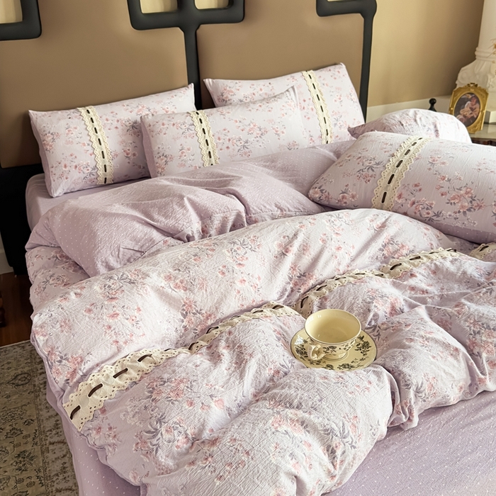 91家纺网 家纺一手货源 找家纺 可思家纺2025新款云感木棉皱皱纱四件套 水中仙紫