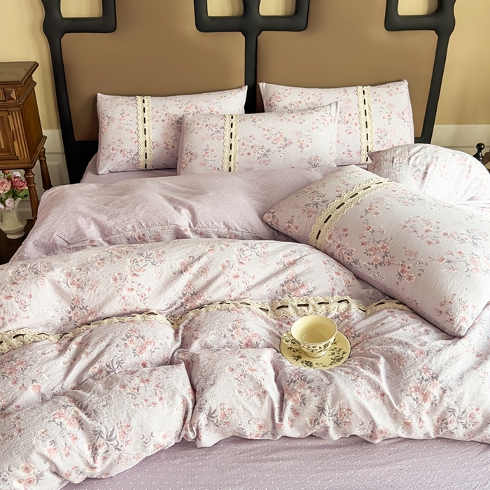 91家纺网 家纺一手货源 找家纺 可思家纺2025新款云感木棉皱皱纱四件套 水中仙紫