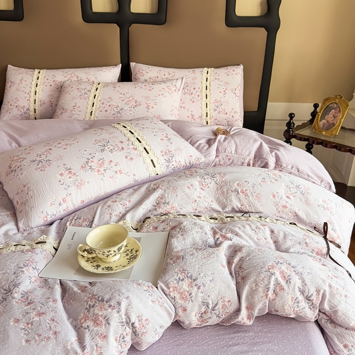 91家纺网 家纺一手货源 找家纺 可思家纺2025新款云感木棉皱皱纱四件套 水中仙紫