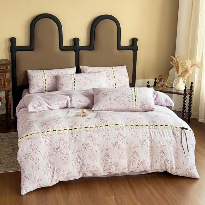 91家纺网 家纺一手货源 找家纺 可思家纺2025新款云感木棉皱皱纱四件套 水中仙紫