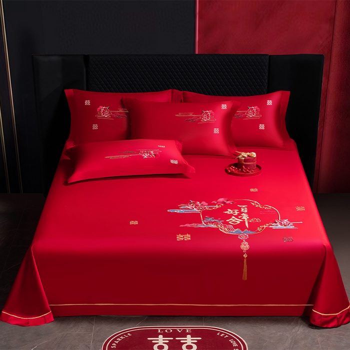 千禧家纺 2024新款长绒棉绣花婚庆三件套 百年好合