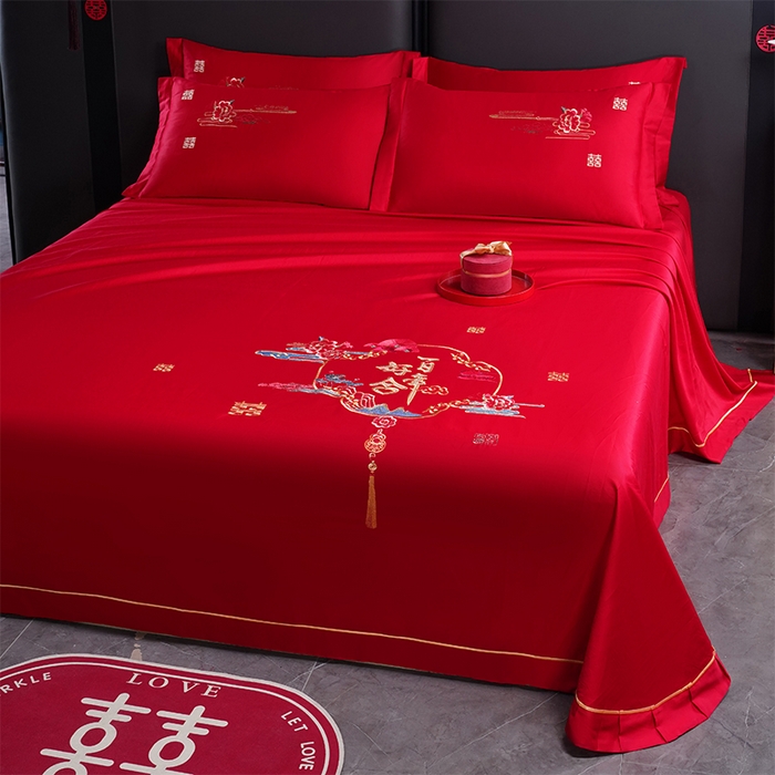 91家纺网 家纺一手货源 找家纺 千禧家纺 2024新款长绒棉绣花婚庆三件套 百年好合