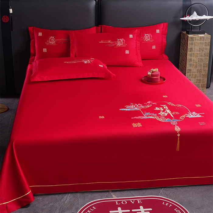 91家纺网 家纺一手货源 找家纺 千禧家纺 2024新款长绒棉绣花婚庆三件套 百年好合