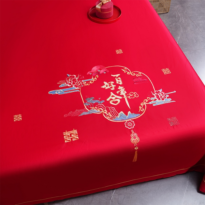 91家纺网 家纺一手货源 找家纺 千禧家纺 2024新款长绒棉绣花婚庆三件套 百年好合