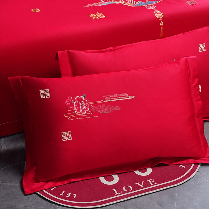 91家纺网 家纺一手货源 找家纺 千禧家纺 2024新款长绒棉绣花婚庆三件套 百年好合