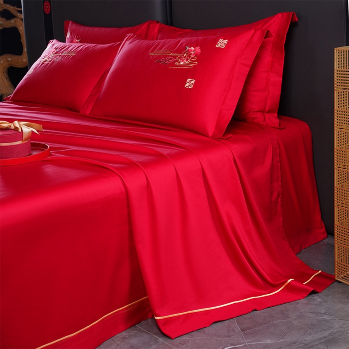 91家纺网 家纺一手货源 找家纺 千禧家纺 2024新款长绒棉绣花婚庆三件套 百年好合