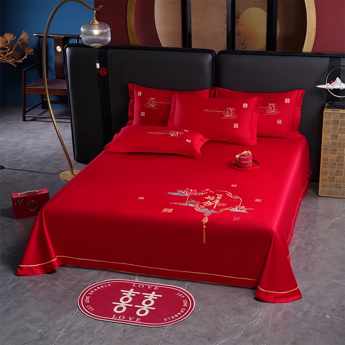 91家纺网 家纺一手货源 找家纺 千禧家纺 2024新款长绒棉绣花婚庆三件套 百年好合