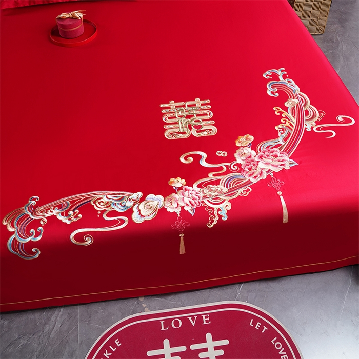 91家纺网 家纺一手货源 找家纺 千禧家纺 2024新款长绒棉绣花婚庆三件套 花团锦簇