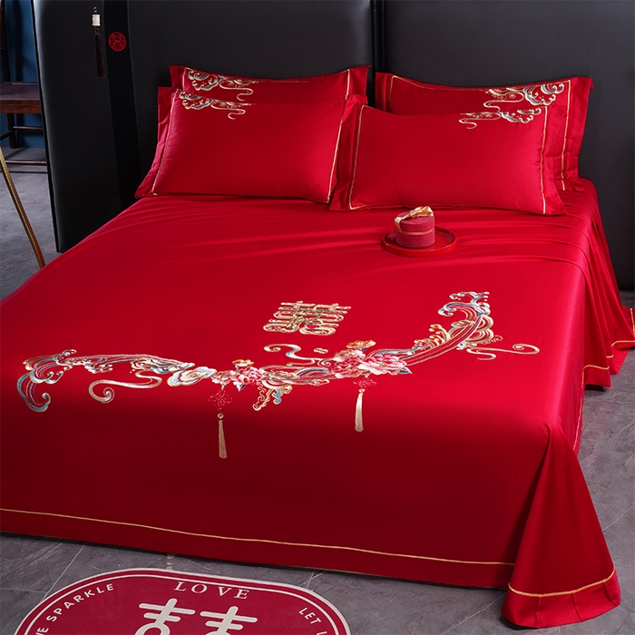 91家纺网 家纺一手货源 找家纺 千禧家纺 2024新款长绒棉绣花婚庆三件套 花团锦簇