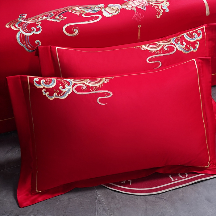 91家纺网 家纺一手货源 找家纺 千禧家纺 2024新款长绒棉绣花婚庆三件套 花团锦簇