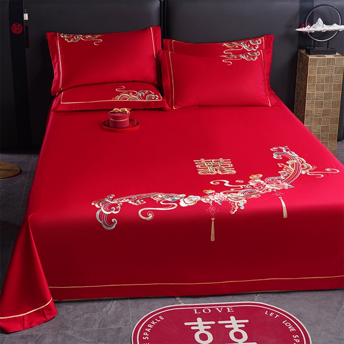 91家纺网 家纺一手货源 找家纺 千禧家纺 2024新款长绒棉绣花婚庆三件套 花团锦簇