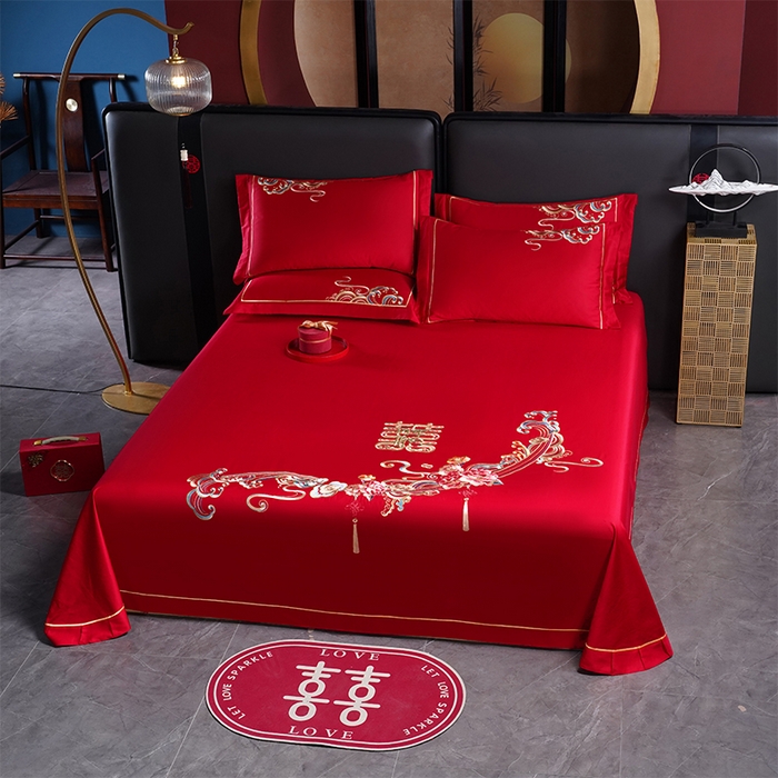 91家纺网 家纺一手货源 找家纺 千禧家纺 2024新款长绒棉绣花婚庆三件套 花团锦簇