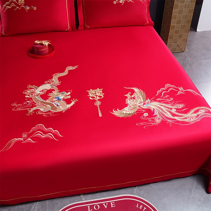 91家纺网 家纺一手货源 找家纺 千禧家纺 2024新款长绒棉绣花婚庆三件套 盘龙飞凤