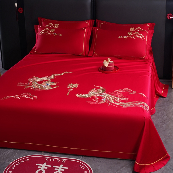 91家纺网 家纺一手货源 找家纺 千禧家纺 2024新款长绒棉绣花婚庆三件套 盘龙飞凤