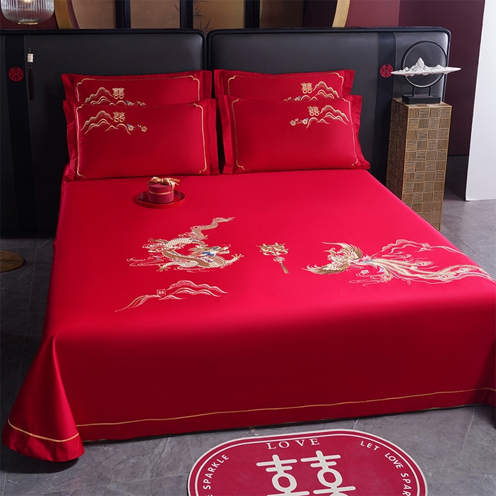 91家纺网 家纺一手货源 找家纺 千禧家纺 2024新款长绒棉绣花婚庆三件套 盘龙飞凤