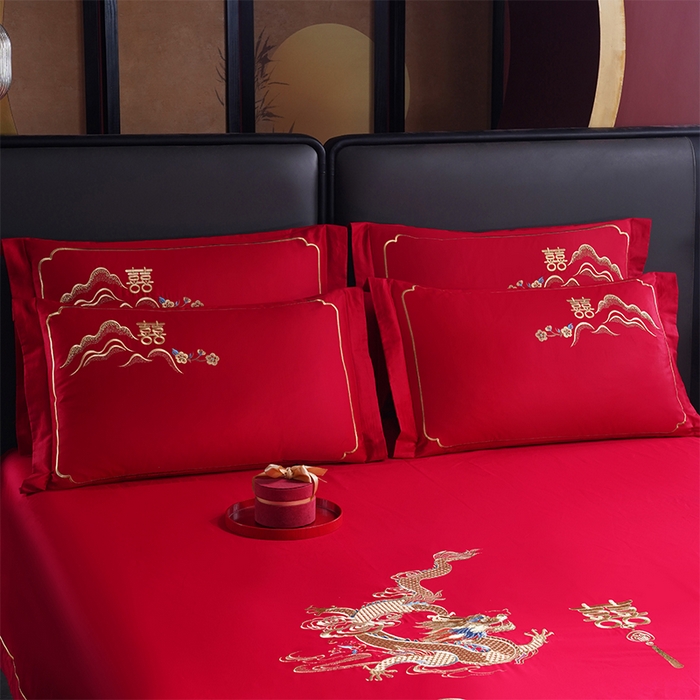 91家纺网 家纺一手货源 找家纺 千禧家纺 2024新款长绒棉绣花婚庆三件套 盘龙飞凤