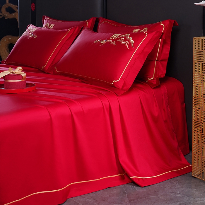 91家纺网 家纺一手货源 找家纺 千禧家纺 2024新款长绒棉绣花婚庆三件套 盘龙飞凤