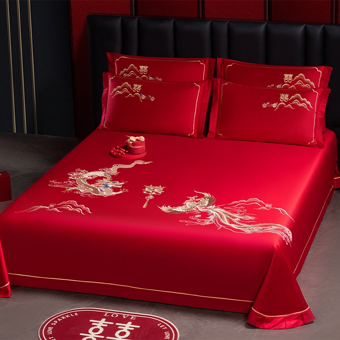 91家纺网 家纺一手货源 找家纺 千禧家纺 2024新款长绒棉绣花婚庆三件套 盘龙飞凤