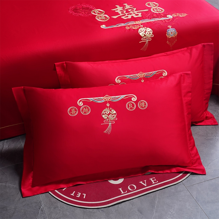 91家纺网 家纺一手货源 找家纺 千禧家纺 2024新款长绒棉绣花婚庆三件套 喜结良缘