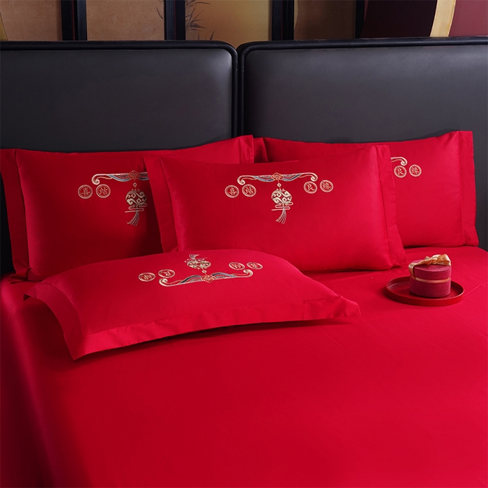 91家纺网 家纺一手货源 找家纺 千禧家纺 2024新款长绒棉绣花婚庆三件套 喜结良缘