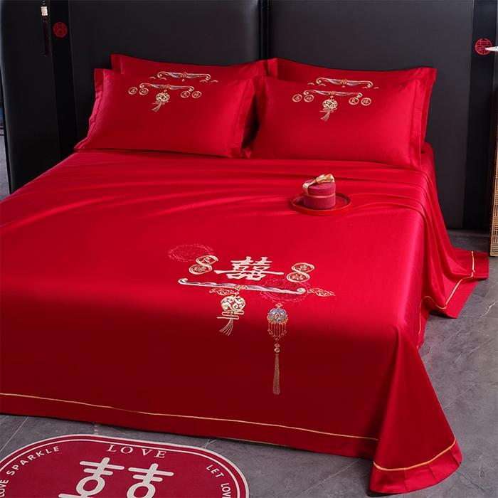 91家纺网 家纺一手货源 找家纺 千禧家纺 2024新款长绒棉绣花婚庆三件套 喜结良缘