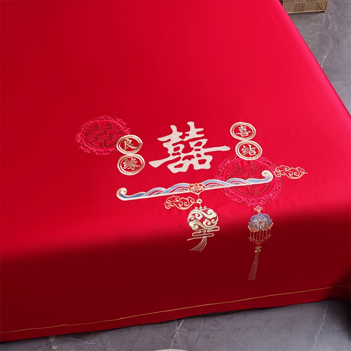 91家纺网 家纺一手货源 找家纺 千禧家纺 2024新款长绒棉绣花婚庆三件套 喜结良缘