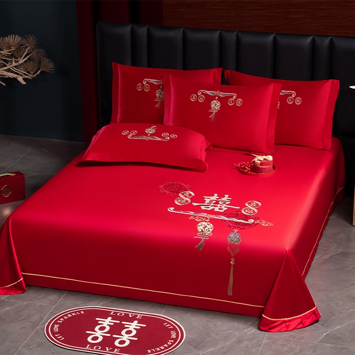 91家纺网 家纺一手货源 找家纺 千禧家纺 2024新款长绒棉绣花婚庆三件套 喜结良缘