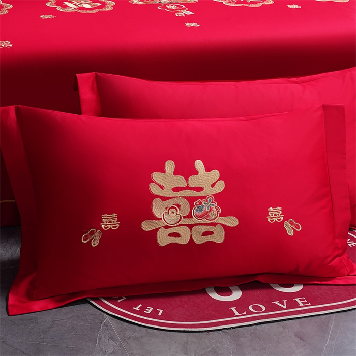 91家纺网 家纺一手货源 找家纺 千禧家纺 2024新款长绒棉绣花婚庆三件套 新婚快乐