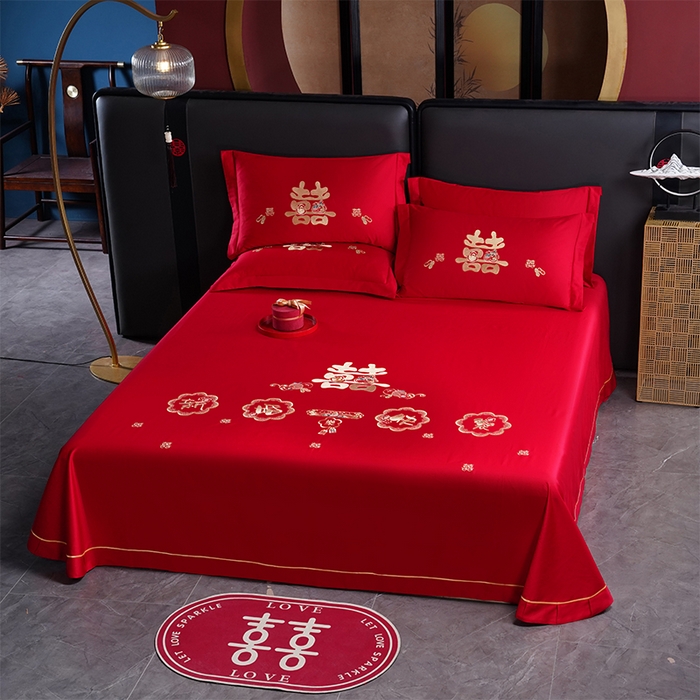 91家纺网 家纺一手货源 找家纺 千禧家纺 2024新款长绒棉绣花婚庆三件套 新婚快乐