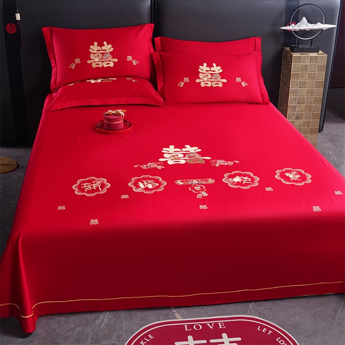 91家纺网 家纺一手货源 找家纺 千禧家纺 2024新款长绒棉绣花婚庆三件套 新婚快乐