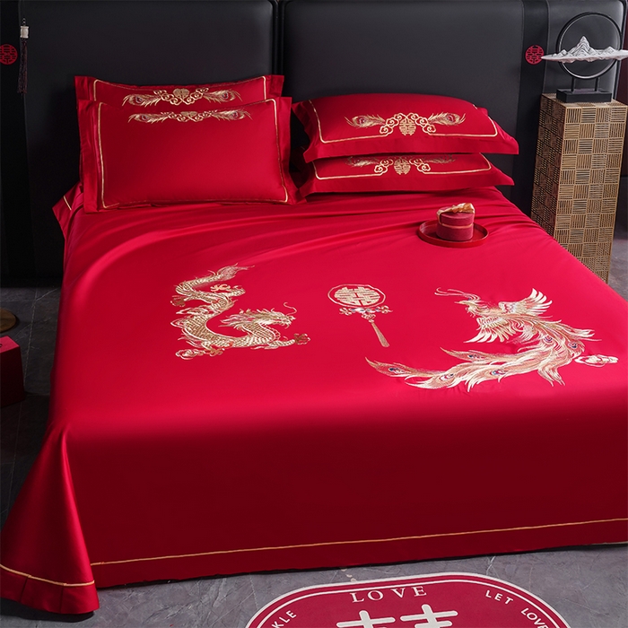 91家纺网 家纺一手货源 找家纺 千禧家纺 2024新款长绒棉绣花婚庆三件套 游龙戏凤