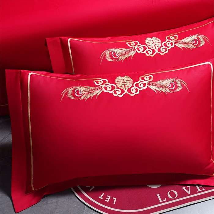 91家纺网 家纺一手货源 找家纺 千禧家纺 2024新款长绒棉绣花婚庆三件套 游龙戏凤